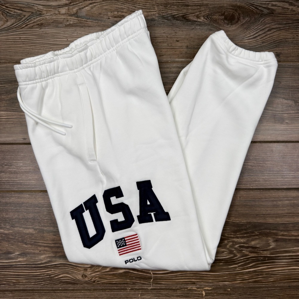 Polo Ralph Lauren Mens SMALL Joggers White USA Flag Fleece Sweatpants CUT TAGS